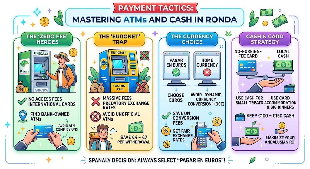 Infographic guide to Ronda payment tactics showing free ATMs like Unicaja, avoiding Euronet traps, and choosing Euros for card payments to save on fees.