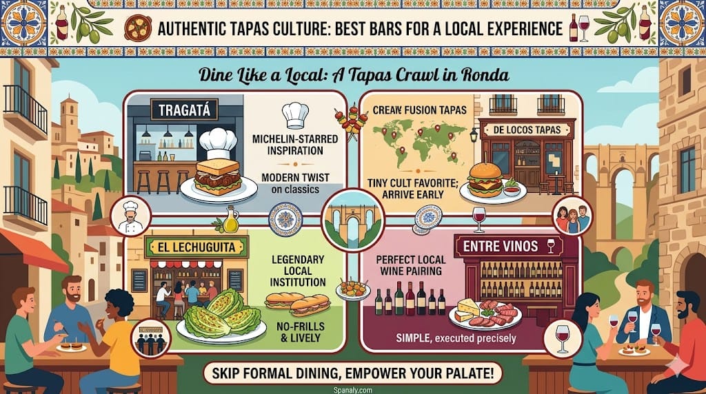 A colorful infographic guide comparing four distinct tapas bars in Ronda, featuring Michelin-starred inspiration at Tragatá, creative fusion tapas at De Locos Tapas, legendary no-frills institution El Lechuguita, and perfect local wine pairing at Entre Vinos.