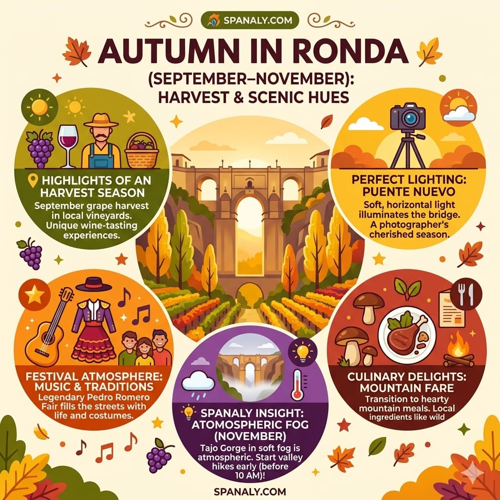 Colorful 1024x1024 infographic of Ronda in autumn featuring vineyard harvests, golden valley views, the Pedro Romero Fair, and mountain culinary delights.