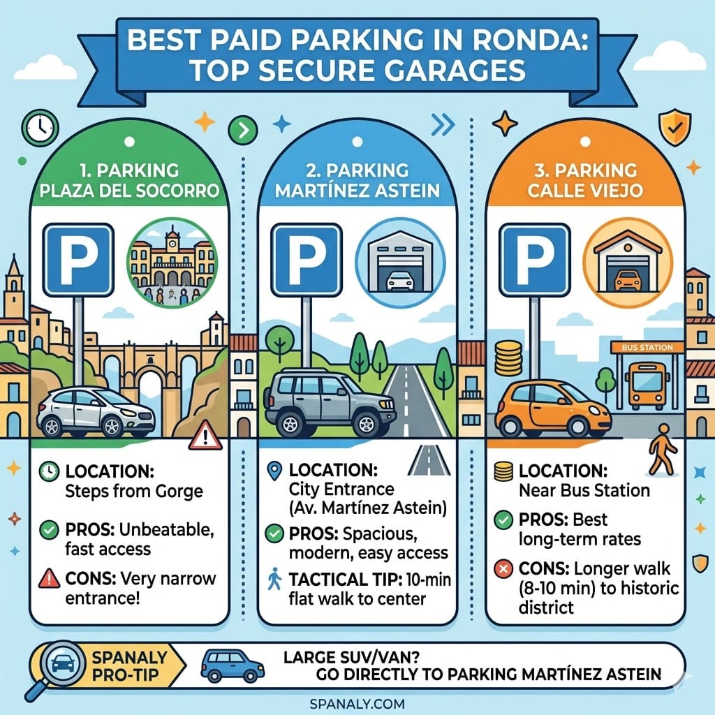 A colorful infographic comparing top paid parking in Ronda including Plaza del Socorro, Martínez Astein, and Calle Viejo garages with pros and cons.