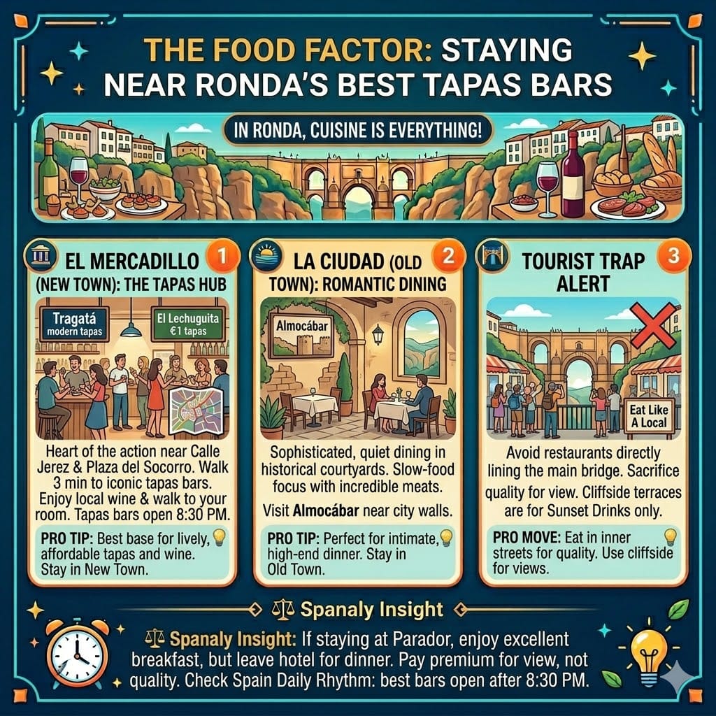 Infographic guide to staying near Ronda's best tapas bars, comparing El Mercadillo for lively tapas like Tragatá and La Ciudad for romantic dining at Almocábar.