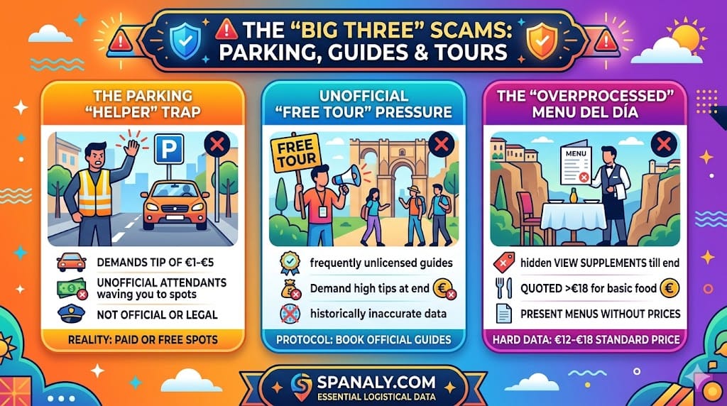 An infographic detailing the three most common tourist scams in Ronda: unofficial parking helpers, unlicensed tour guides, and overpriced restaurant menus.