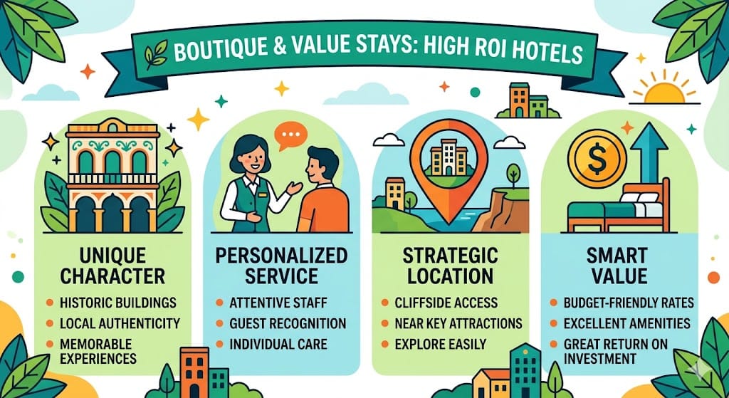 A colorful infographic illustrating boutique and value hotel options in Ronda with icons for historic character, personalized service, and high ROI.