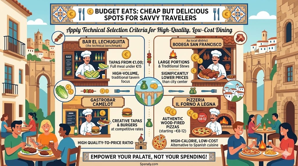 A colorful infographic guide comparing four distinct budget-friendly restaurants in Ronda, featuring legendary Bar El Lechuguita for tapas starting €1.00, Bodega San Francisco for large hearty mountain stews, Gastrobar Camelot for creative creative tapas and burgers at competitive competitive rates, and Pizzeria Il Forno a Legna for authentic authentic wood-fired pizzas starting starting around ~€8-12.