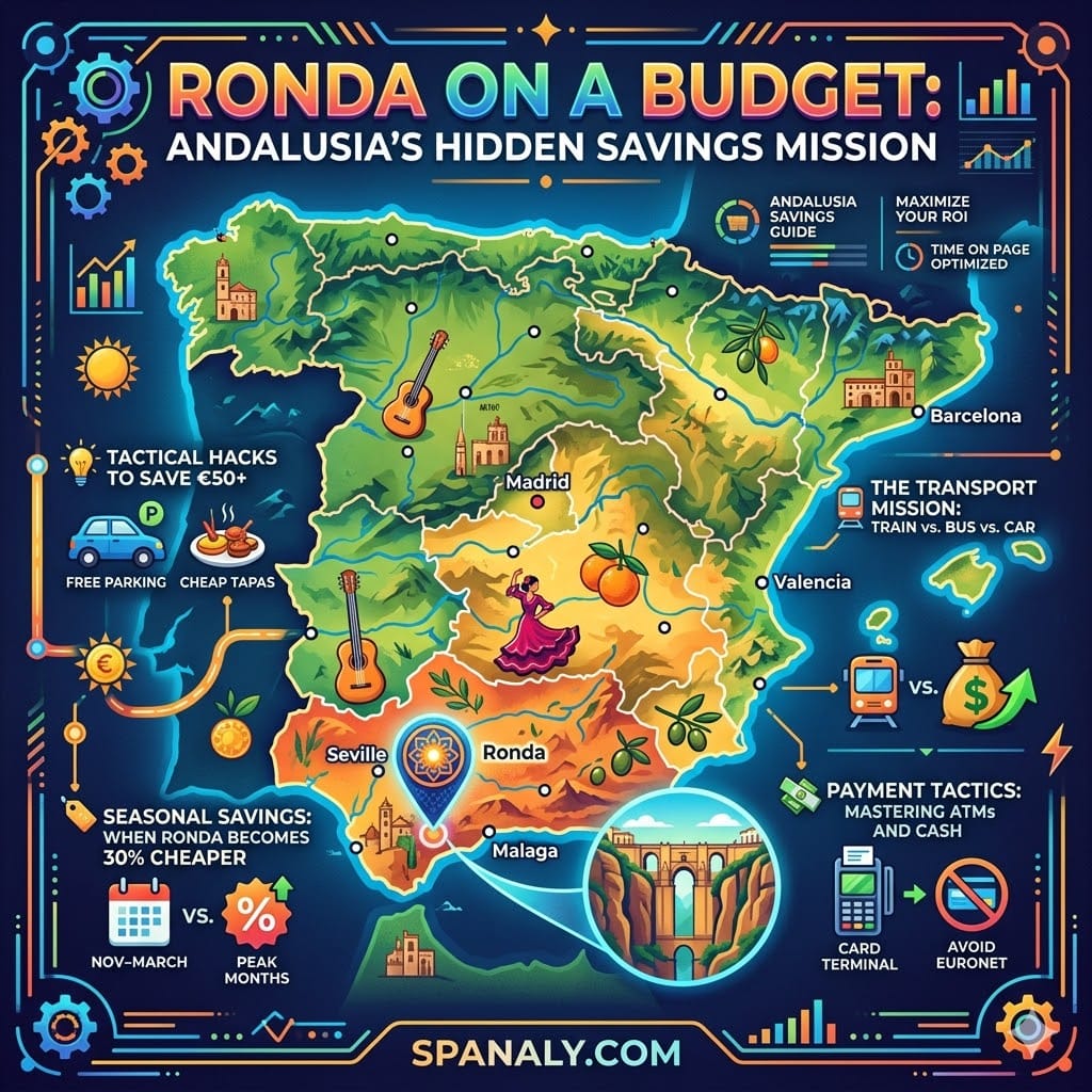 Epic infographic map of Spain highlighting Ronda with travel budget icons for transport, seasonal savings, and payment tactics.