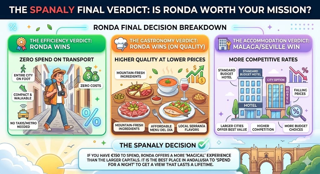 Infographic comparing Ronda travel budget vs Seville and Malaga in 2026, showing efficiency, gastronomy, and accommodation costs.
