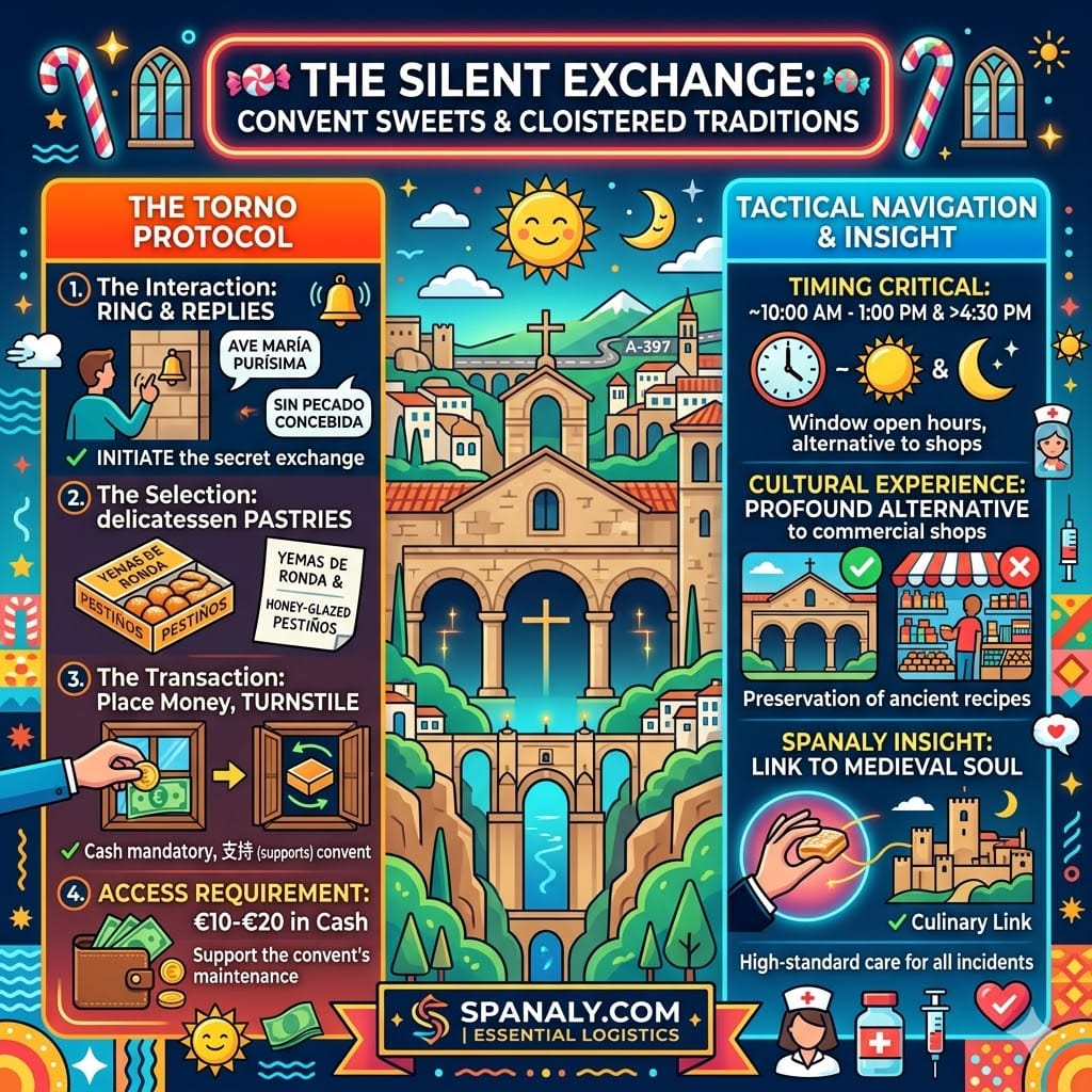 A colorful infographic titled 'THE SILENT EXCHANGE' explaining how to buy convent sweets in Ronda, featuring the 'torno' revolving window protocol, the 'Ave María' greeting, a selection of Yemas de Ronda and Pestiños, and tactical timing for visits.