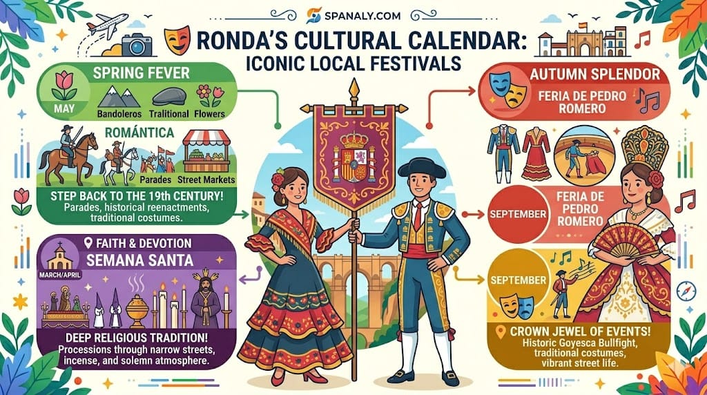 Colorful infographic of Ronda’s cultural calendar featuring traditional Goyesca costumes, Ronda Romántica parades, and Semana Santa religious processions.