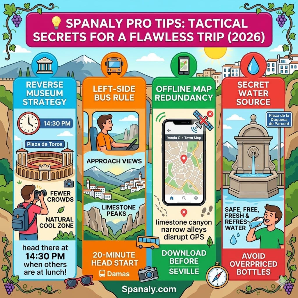 A square colorful infographic providing four tactical secrets for a perfect Seville to Ronda day trip, with detailed panels for reverse museum strategy at Plaza de Toros, left-side bus seat views, offline map redundancy in Old Town, and a secret free water source at Plaza de Parcent.