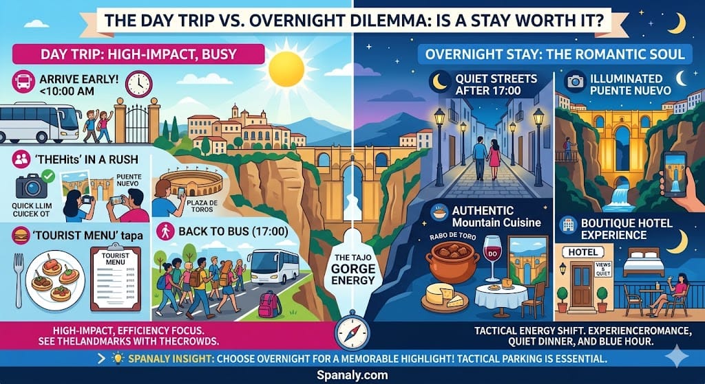 A detailed comparison infographic showing the difference between a busy Ronda day trip and a peaceful overnight stay with illuminated bridge views.
