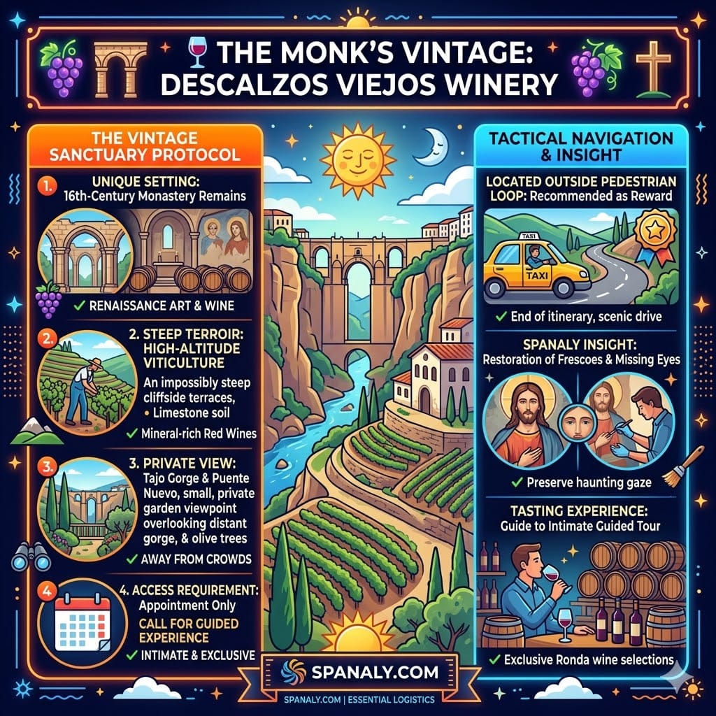 A colorful infographic titled 'THE MONK’S VINTAGE' for Descalzos Viejos Winery in Ronda, showcasing the 16th-century monastery setting with Renaissance frescoes, steep cliffside vineyards, and tactical navigation tips like booking by appointment and using a taxi.