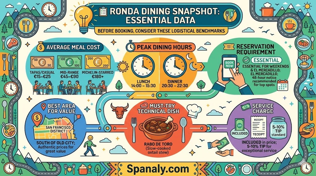 A colorful infographic guide for dining in Ronda, featuring distinct sections with icons for average meal costs, peak dining hours, reservation requirements, best areas for value, the essential Rabo de Toro oxtail dish, and standard service charge.
