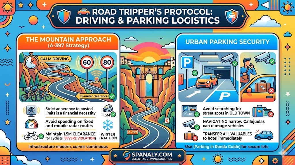 A detailed driving safety infographic for Ronda, Spain, illustrating the mountain approach via A-397 with speed limits and cyclist clearance, contrasted with urban parking security in underground lots.