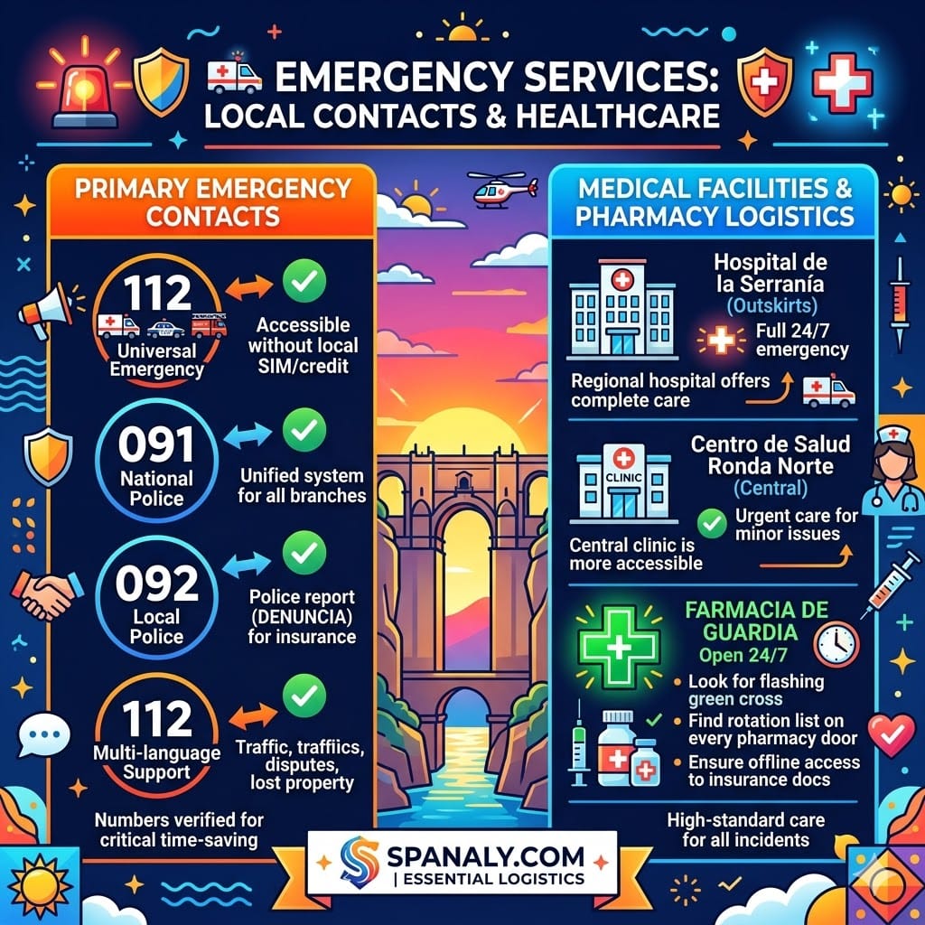 A comprehensive emergency services infographic for Ronda featuring essential contact numbers like 112, 091, and 092, alongside locations for Hospital de la Serranía and 24/7 pharmacy protocols.