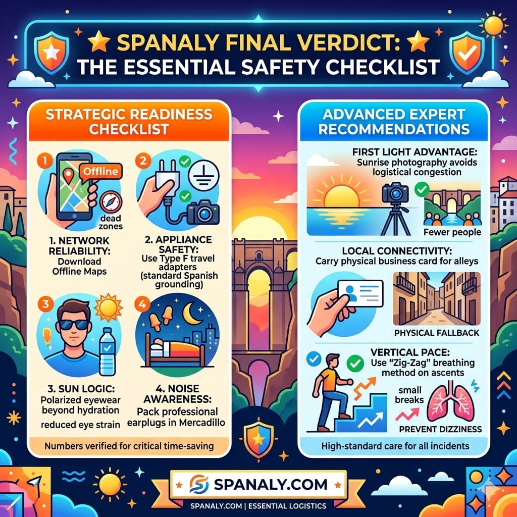 A comprehensive safety checklist infographic for Ronda, Spain, detailing tactical readiness protocols including offline map usage, Type F electrical safety, polarized eyewear for UV protection, and the vertical zig-zag breathing method for gorge ascents.