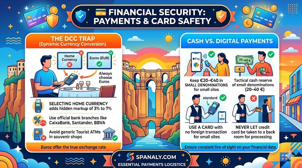 A financial safety infographic for Ronda, Spain, detailing how to avoid Dynamic Currency Conversion (DCC) traps, hidden ATM fees, and maintaining card security in restaurants.