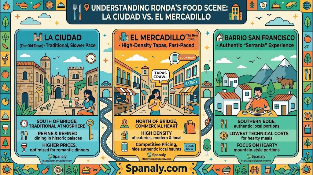 A colorful infographic comparing Ronda's food districts including traditional dining in La Ciudad, high-density tapas in El Mercadillo, and authentic local eateries in Barrio San Francisco.