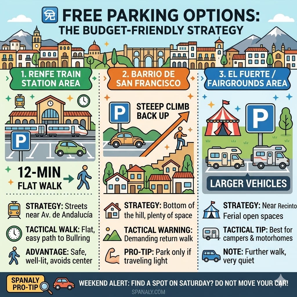 A colorful infographic guide to free parking in Ronda showcasing spots near the Renfe station, Barrio de San Francisco, and the fairgrounds for larger vehicles.