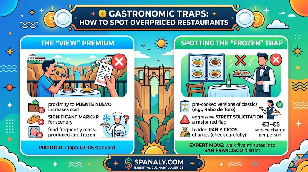 A strategic infographic for Ronda identifying gastronomic traps, highlighting overpriced menus with view premiums and how to spot pre-cooked frozen food near Puente Nuevo.