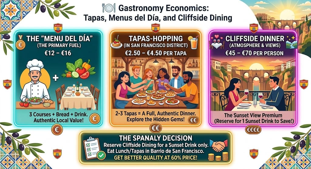 A vibrant infographic showing Ronda dining costs including Menu del Dia prices, tapas-hopping in Barrio de San Francisco, and cliffside dinner expenses with strategic saving tips.