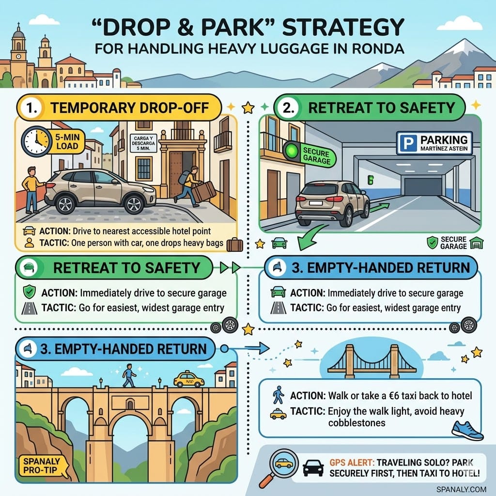 A colorful infographic showing the three-step Drop and Park strategy in Ronda to handle heavy luggage safely without driving through narrow streets.