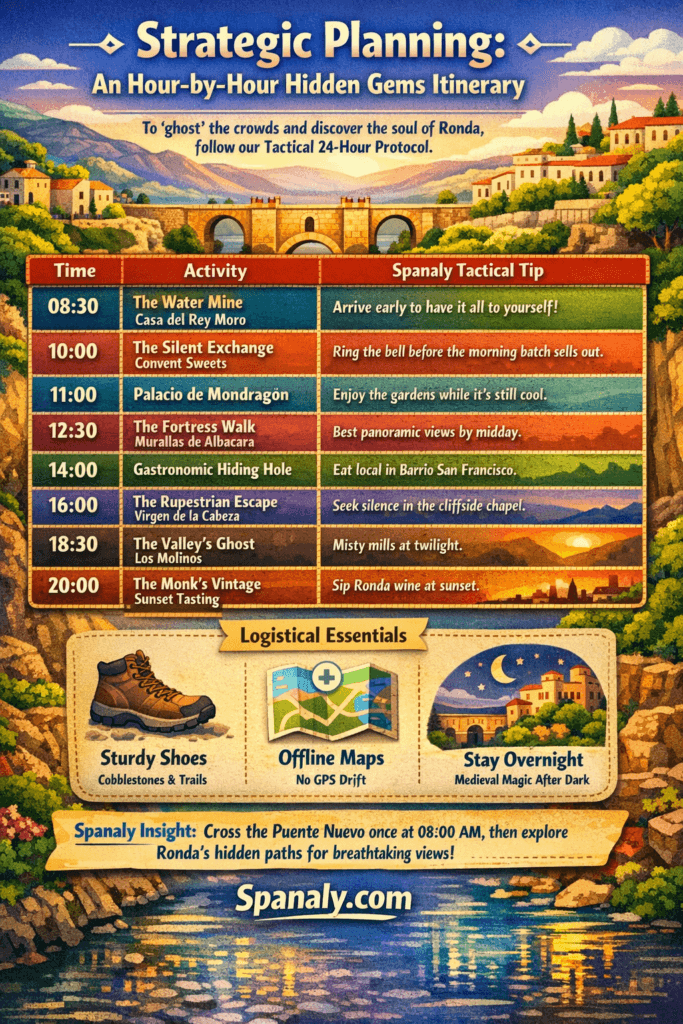 Colorful infographic of a 24-hour hidden gems itinerary in Ronda showing hour-by-hour travel plan, secret spots, and strategic tips to avoid crowds and explore authentic Andalusian experiences
