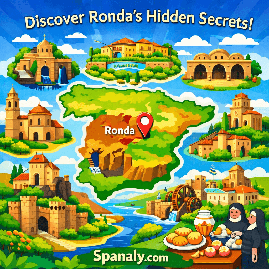 Colorful infographic map of Spain highlighting Ronda with illustrated icons of hidden landmarks including La Casa del Rey Moro, Arab Baths, Mondragón Palace, and Descalzos Viejos Winery