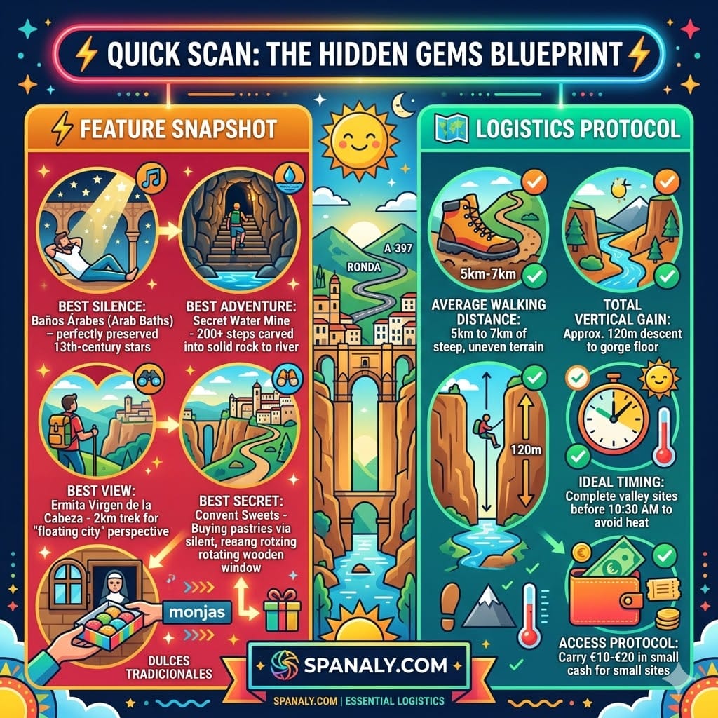 A vibrant infographic titled 'QUICK SCAN: THE HIDDEN GEMS BLUEPRINT' for Ronda, Spain, contrasting feature snapshots like Arab Baths and Secret Water Mine with logistics protocols including a 5km-7km walking distance, 120m vertical gain, and timing advice to avoid heat.