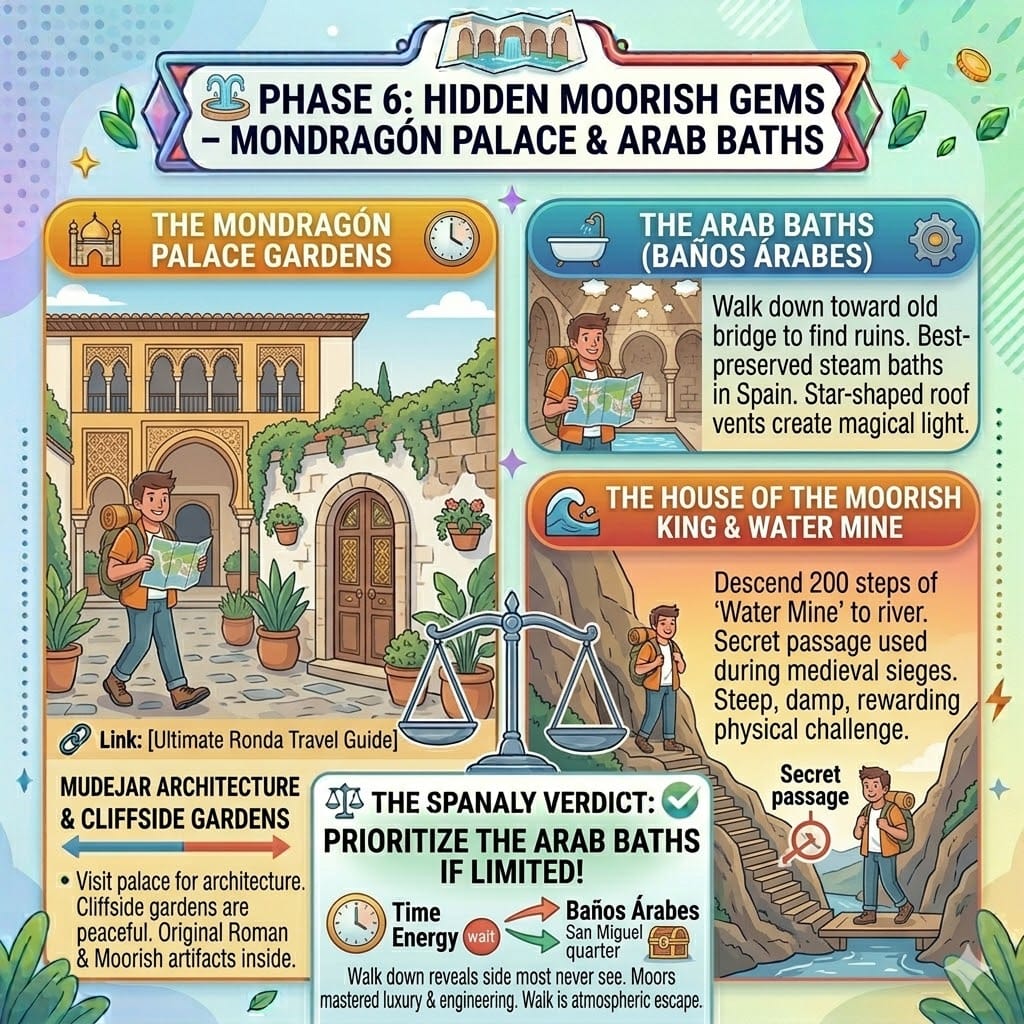 Tactical travel infographic for Ronda’s Moorish sites showing the Mondragón Palace gardens, 13th-century Arab Baths, and the secret Water Mine passage.