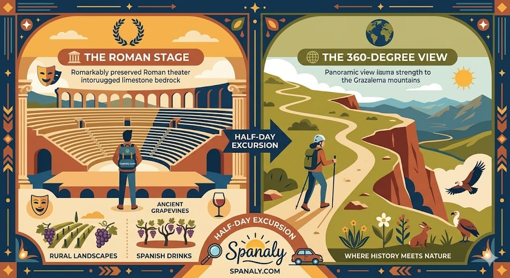 A colorful infographic for the Acinipo ruins hike near Ronda, featuring the ancient Roman theater, vineyard trails, and a 360-degree panoramic view of the Grazalema mountains.