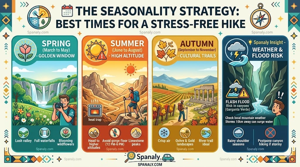 A colorful tactical infographic for the best time to hike in Ronda, featuring Spring waterfalls, Summer heat warnings for the gorge, Autumn vineyard trails, and a Spanaly Insight on flash flood risks.