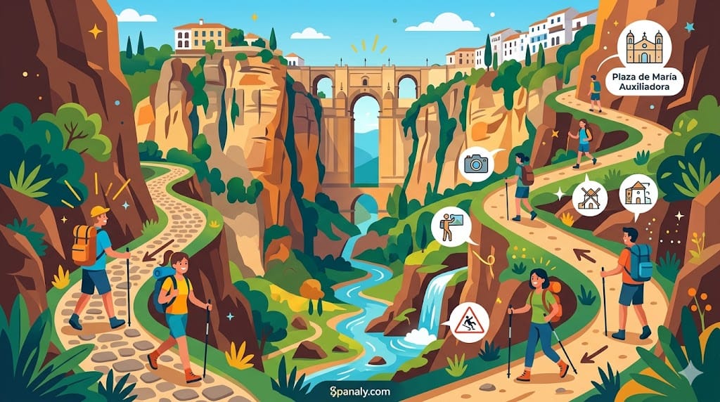 A tactical infographic map of the Camino de los Molinos trail in Ronda showing the descent from Plaza de María Auxiliadora to the bottom of the Tajo Gorge with views of Puente Nuevo.
