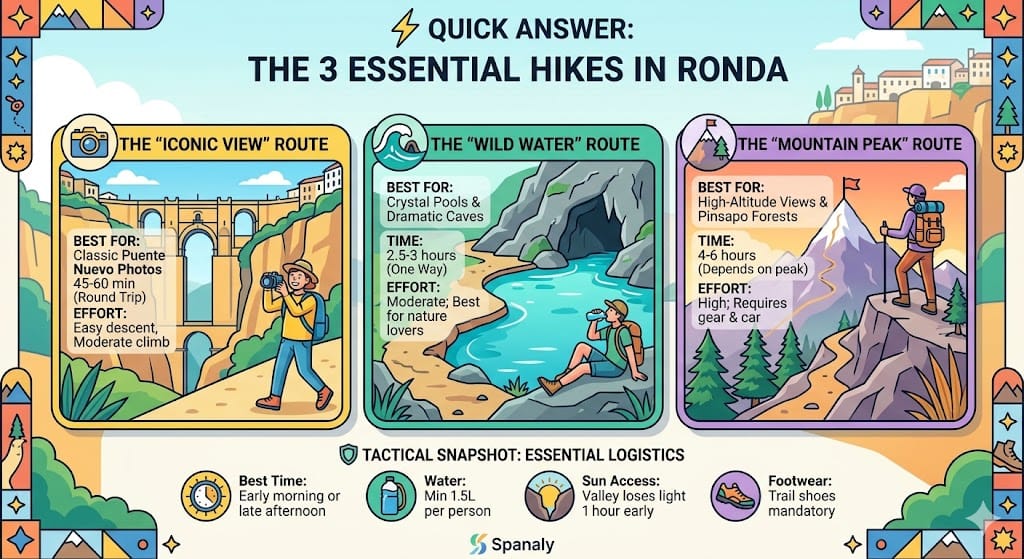 A colorful infographic in the Spanaly style detailing the three essential hiking routes in Ronda: the Iconic View (Puente Nuevo), the Wild Water (Cueva del Gato), and the Mountain Peak (Sierra de las Nieves), with key logistics.