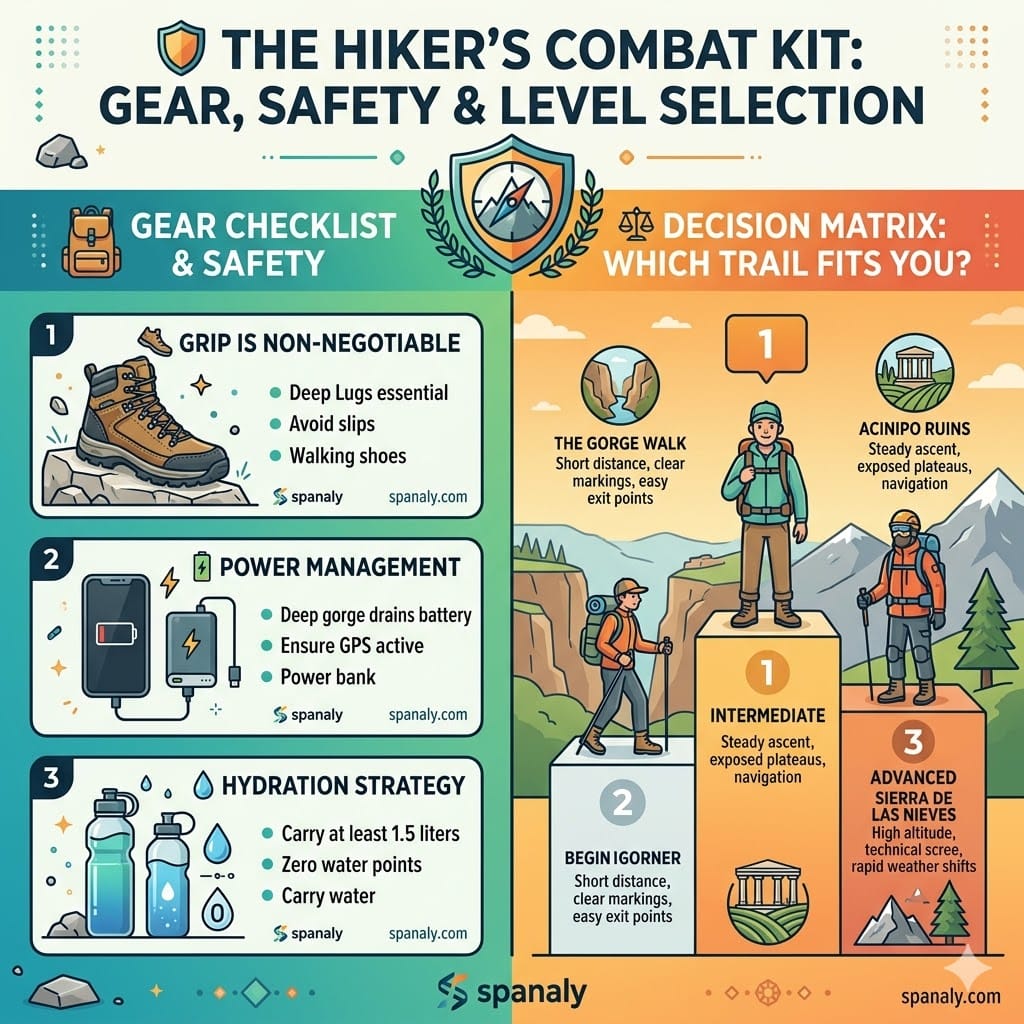 A colorful tactical infographic for Ronda hiking gear and safety, featuring a gear checklist for shoes, power banks, and hydration, plus a decision matrix comparing Beginner, Intermediate, and Advanced trails.