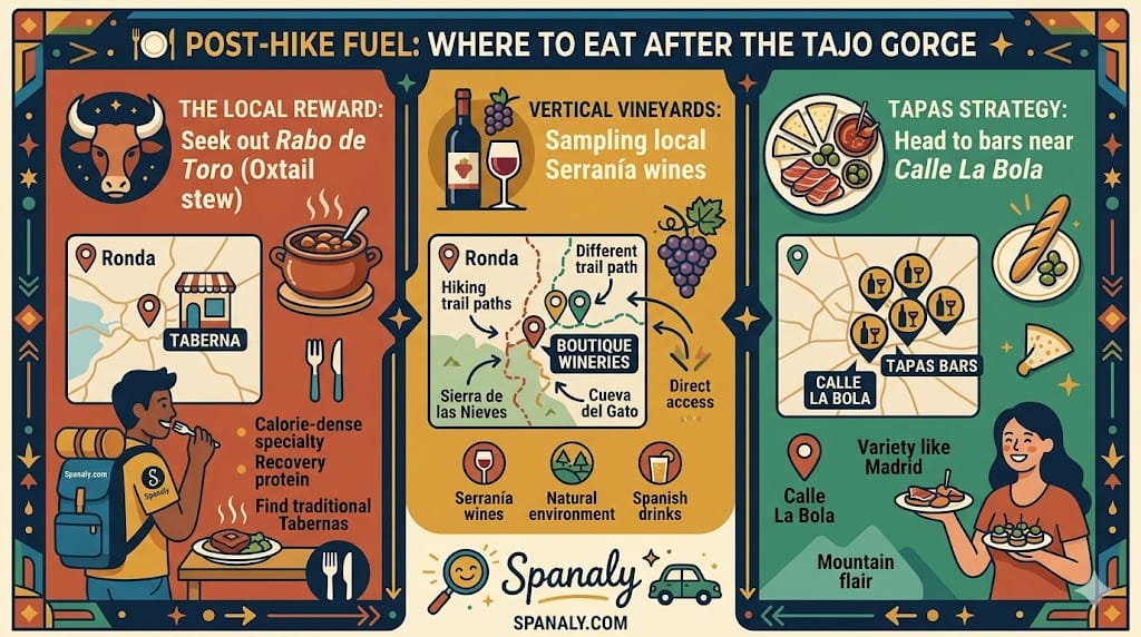 A colorful tactical infographic showing where to eat in Ronda after hiking, featuring Rabo de Toro for protein recovery, local Serranía wines from boutique vineyards, and tapas bars near Calle La Bola.
