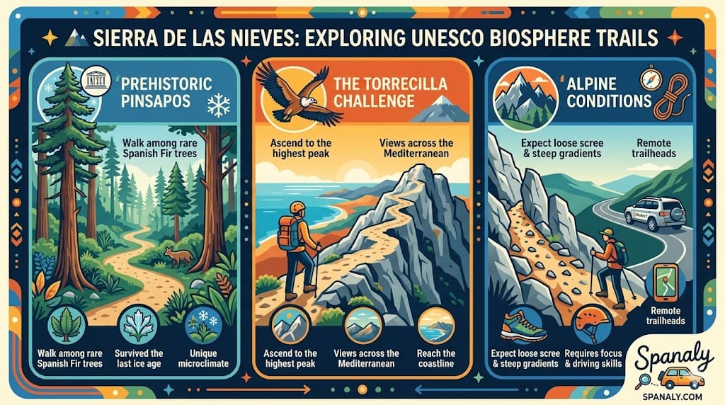A colorful infographic for hiking in Sierra de las Nieves National Park near Ronda, showcasing Prehistoric Pinsapo forests, the Torrecilla Peak challenge, and alpine trail conditions.
