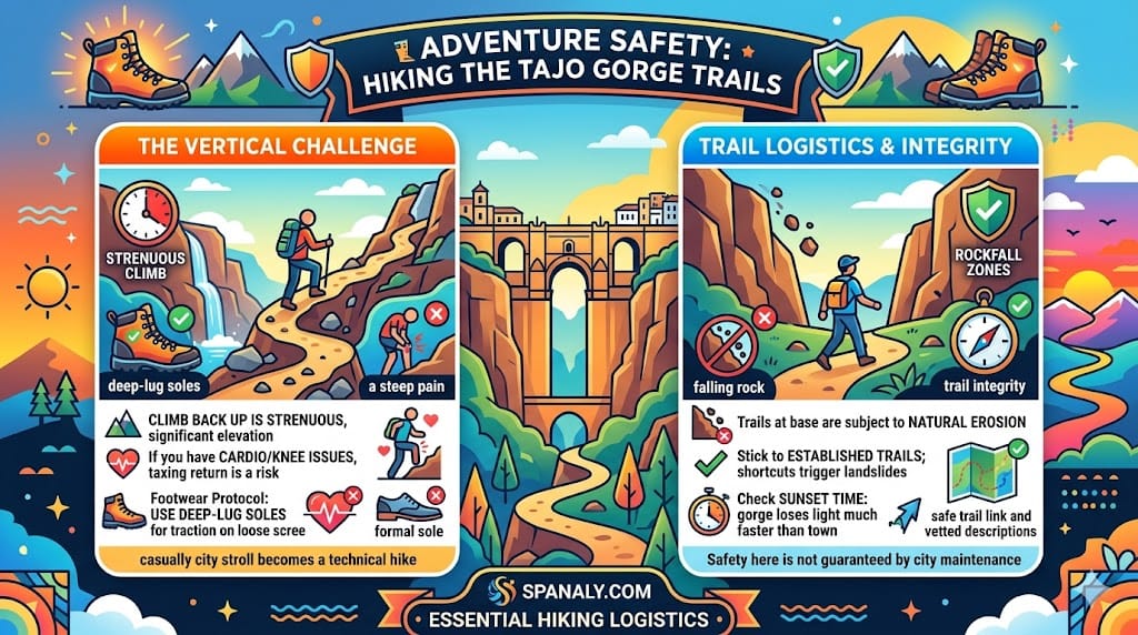 A technical hiking safety infographic for Ronda detailing the Tajo Gorge trail protocols, highlighting footwear requirements, rockfall awareness, and sunset timing logistics.