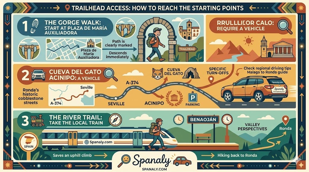 A colorful tactical infographic guide for Ronda trailhead access, illustrating the Gorge Walk from Plaza de María Auxiliadora, car routes to Cueva del Gato and Acinipo via A-374, and the local train route to Benaoján.