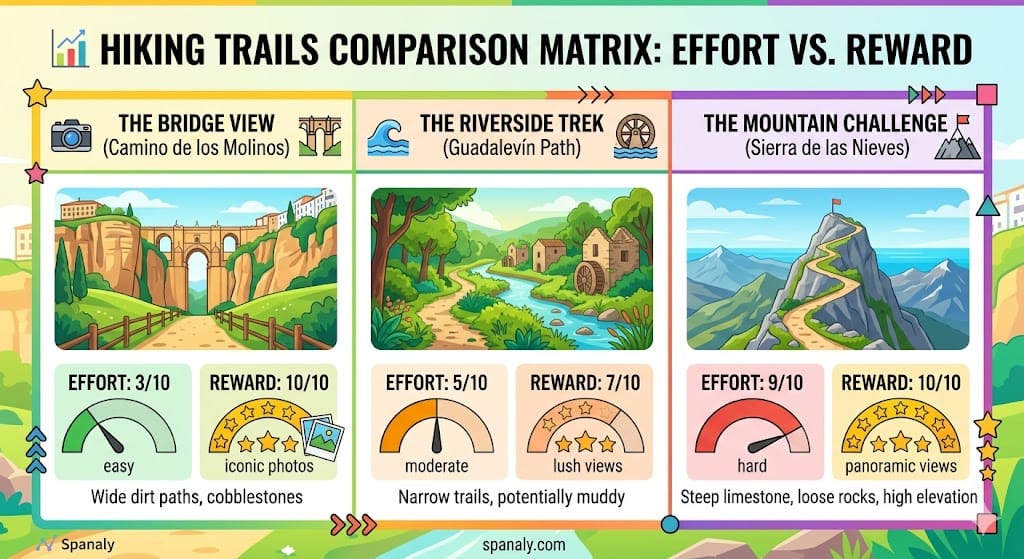 A colorful comparison matrix infographic of Ronda hiking trails showing effort and reward levels for the Tajo Gorge bridge view, Riverside trek, and Sierra mountain challenge.