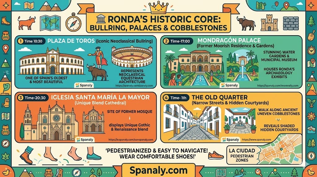 A colorful infographic guide to Ronda's historic core, highlighting the neoclassical Plaza de Toros bullring, the Moorish Mondragón Palace gardens, the Iglesia de Santa María la Mayor cathedral, and the pedestrianized old quarter with uneven cobblestones.