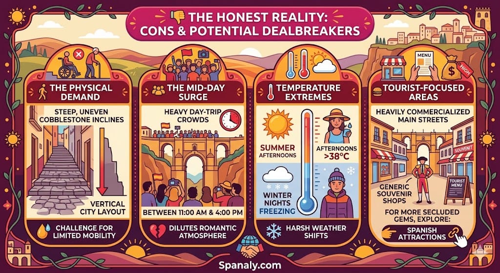 A colorful square infographic detailing four honest pros and cons of visiting Ronda, Spain, including detailed panels for physical demand of steep streets, mid-day surge of heavy day-trip crowds, temperature extremes, and tourist-focused areas with generic shops near the bridge walkway.