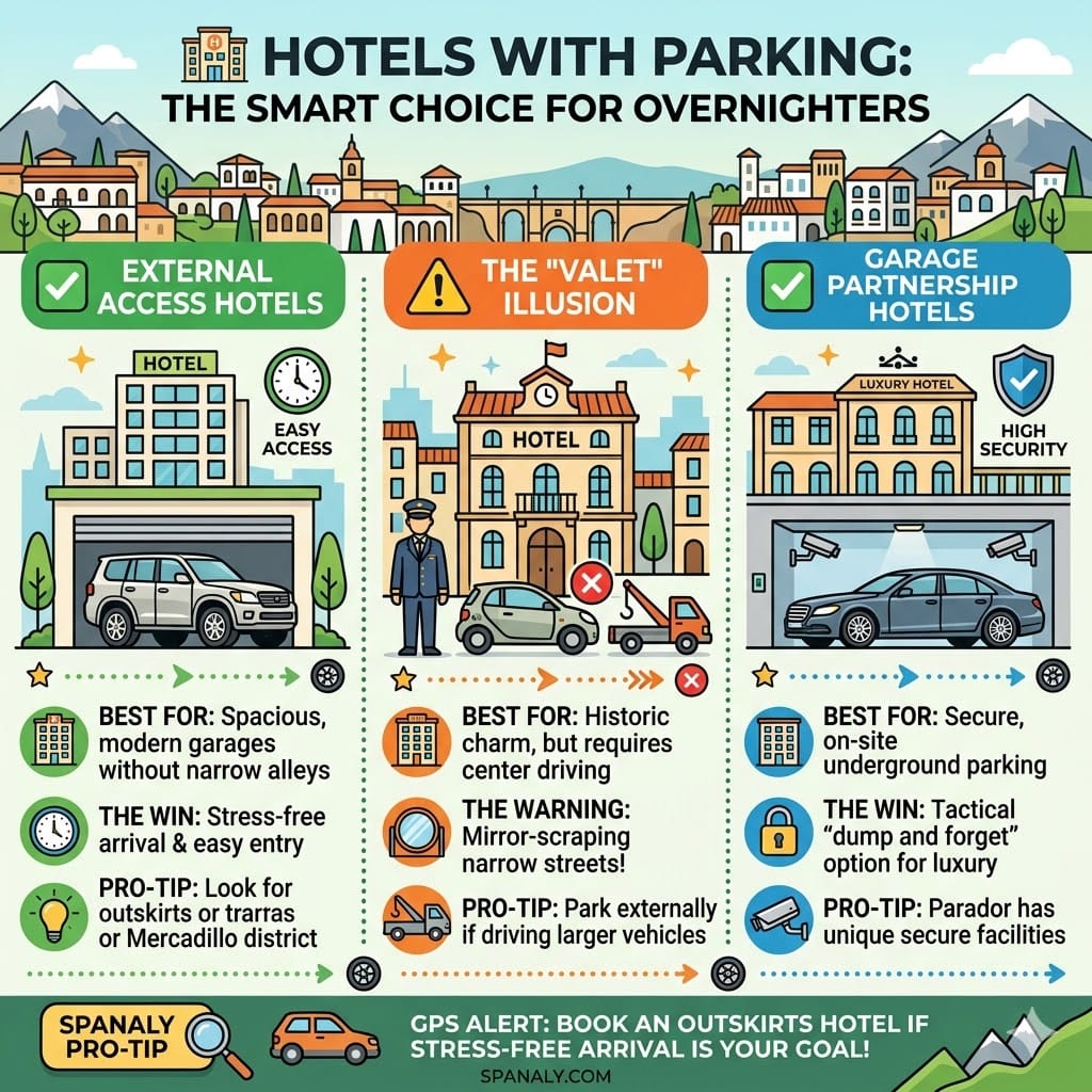 A colorful infographic comparing Ronda hotels with parking including external access hotels, valet options, and secure garage partnerships for tourists.