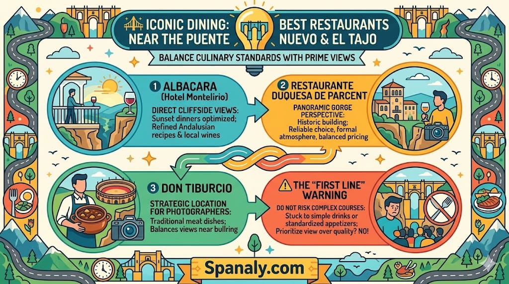 A colorful infographic guide for dining in Ronda with views of the Puente Nuevo and El Tajo gorge, featuring distinct sections with icons for refined cliffside sunset dinners at Albacara, traditional meat dishes at Don Tiburcio, and reliable choices at Restaurante Duquesa de Parcent, with a strategic warning advice to avoid complex complex main complex courses.