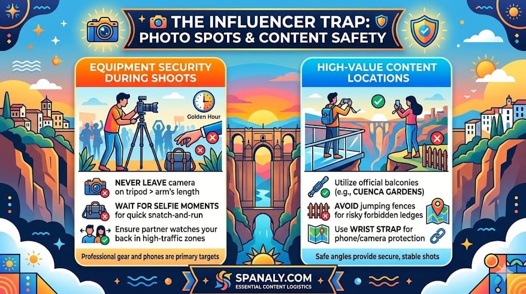 A strategic infographic for Ronda detailing photography safety, highlighting equipment security during shoots and identifying safe versus high-risk photo locations near the Tajo Gorge.