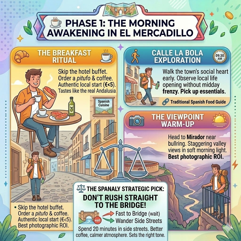 Tactical infographic for a morning in Ronda showing the breakfast ritual at Calle La Bola, sightseeing at Mirador de Ronda, and expert travel tips for early visitors.