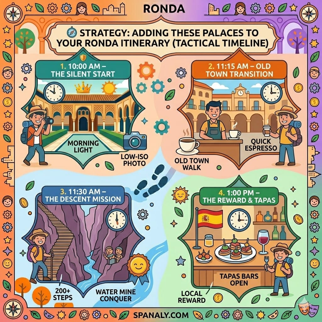 Tactical 24-hour timeline infographic for adding Palacio de Mondragón and Casa del Rey Moro to your Ronda itinerary, featuring morning photography and midday mission details.