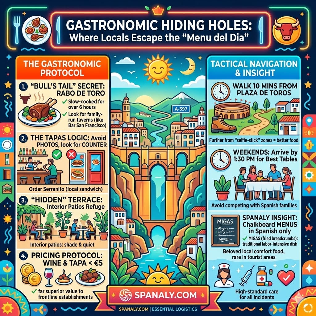 A vibrant infographic titled 'GASTRONOMIC HIDING HOLES' for Ronda, highlighting local dining secrets like slow-cooked Rabo de Toro, tactical tips to avoid tourist traps, ordering the Serranito sandwich, and finding hidden interior patio terraces for authentic tapas.