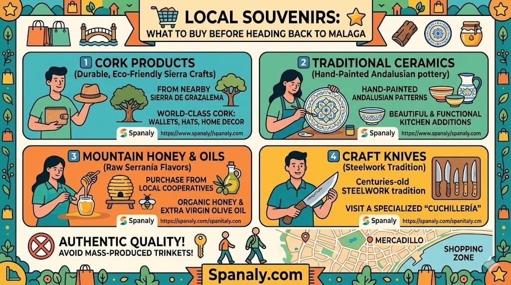 A colorful infographic guide to local souvenirs in Ronda, highlighting cork products from Sierra de Grazalema, hand-painted traditional ceramics, organic mountain honey and olive oil, and handcrafted knives, with advice on finding authentic shops in the Mercadillo district.