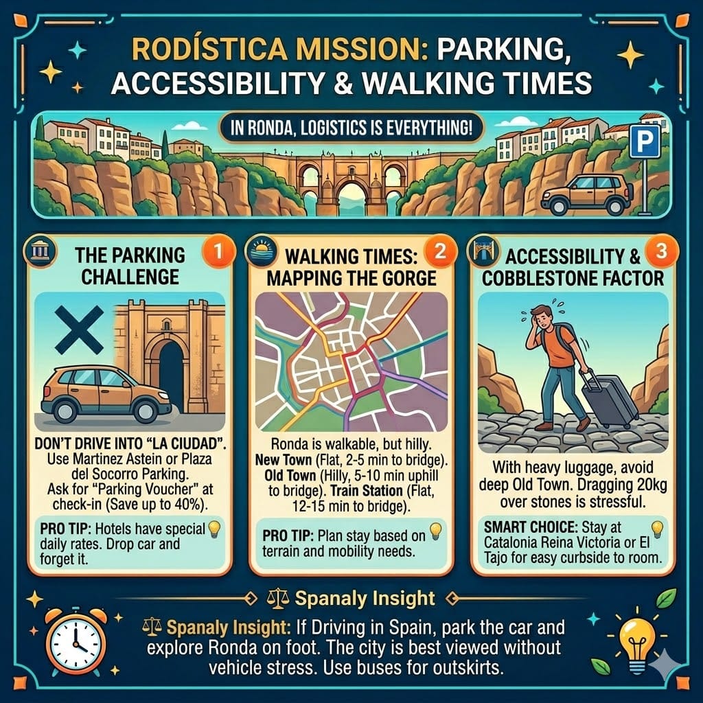 Logistics infographic for Ronda Spain covering parking tips at Plaza del Socorro, walking times from New Town to Puente Nuevo, and accessibility advice for cobblestone streets.