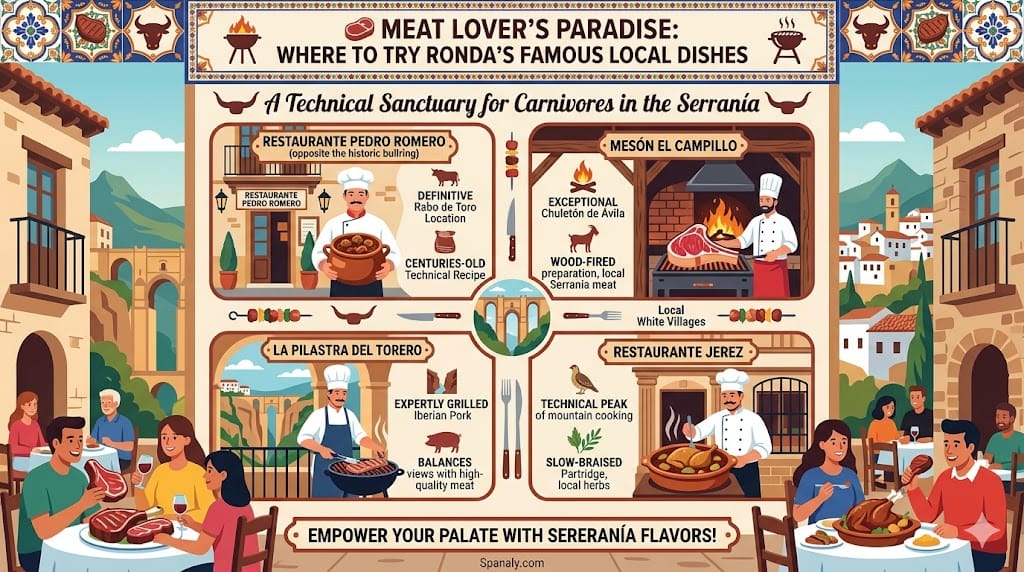 A colorful infographic guide comparing four meat-focused restaurants in Ronda, featuring definitive Rabo de Toro oxtail oxtail stew, oxtail oxtail stew, oxtail oxtail stew, oxtail oxtail stew, oxtail stew at Restaurante Pedro Romero, wood-fired local Serranía meat at Mesón El Campillo, expertly grilled Iberian pork at La Pilastra del Torero, and technical slow-braised mountain cooking at Restaurante Jerez.